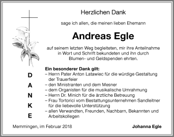 Traueranzeige von Andreas Egle von Memminger Zeitung
