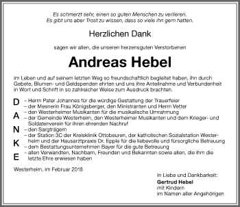 Traueranzeige von Andreas Hebel von Memminger Zeitung