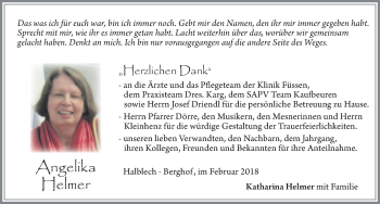 Traueranzeige von Angelika Helmer von Allgäuer Zeitung, Füssen