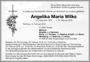 Traueranzeige von Angelika Maria Wilks von Memminger Zeitung