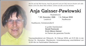 Traueranzeige von Anja Gaisser-Pawlowski von Allgäuer Zeitung