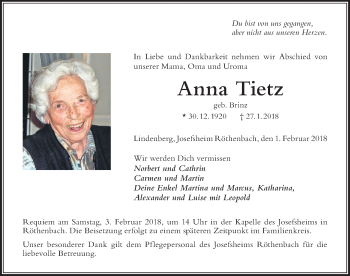 Traueranzeige von Anna Tietz von Der Westallgäuer