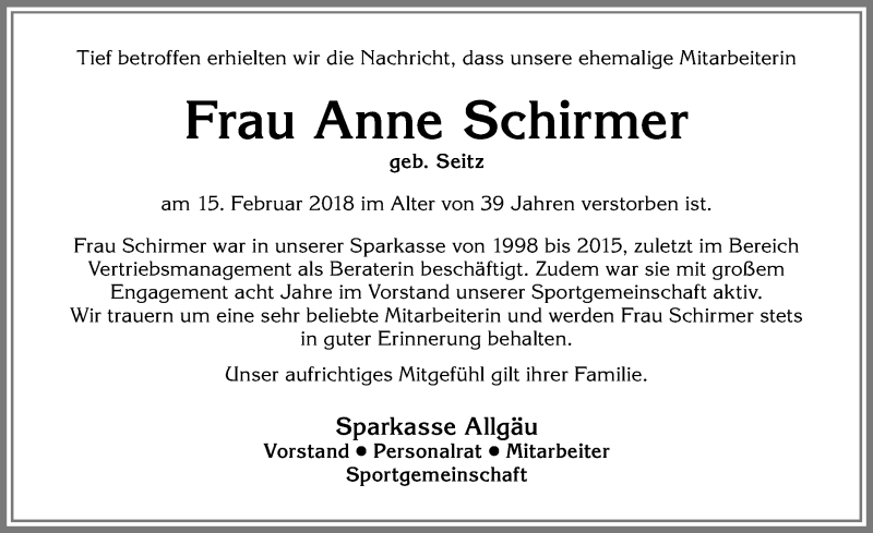  Traueranzeige für Anne Schirmer vom 20.02.2018 aus Allgäuer Zeitung