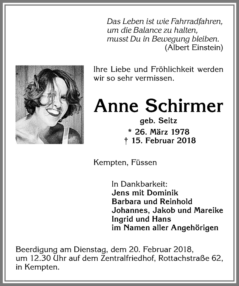  Traueranzeige für Anne Schirmer vom 19.02.2018 aus Allgäuer Zeitung