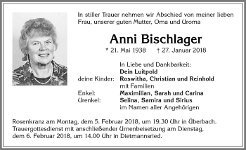 Traueranzeige von Anni Bischlager von Allgäuer Zeitung,Kempten