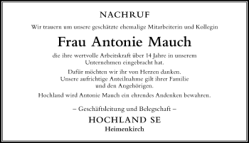 Traueranzeige von Antonie Mauch von Der Westallgäuer
