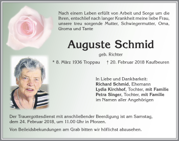 Traueranzeige von Auguste Schmid von Allgäuer Zeitung, Kaufbeuren/Buchloe