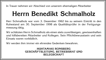 Traueranzeige von Benedikt Schmalholz von Allgäuer Zeitung, Marktoberdorf