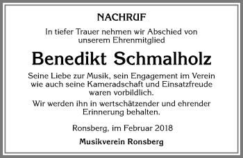 Traueranzeige von Benedikt Schmalholz von Allgäuer Zeitung, Marktoberdorf