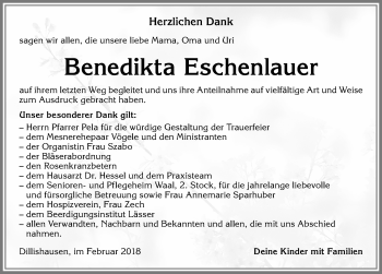 Traueranzeige von Benedikta Eschenlauer von Allgäuer Zeitung, Kaufbeuren/Buchloe