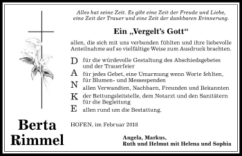 Traueranzeige von Berta Rimmel von Allgäuer Anzeigeblatt
