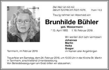Traueranzeige von Brunhilde Bühler von Memminger Zeitung