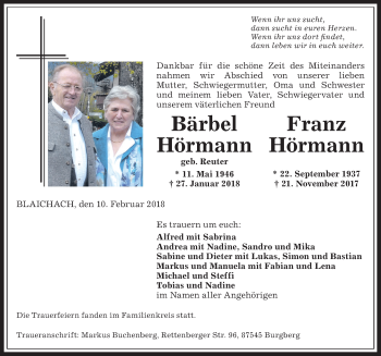 Traueranzeige von Bärbel Hörmann von Allgäuer Anzeigeblatt