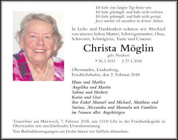 Traueranzeige von Christa Möglin von Der Westallgäuer