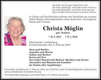 Traueranzeige von Christa Möglin von Allgäuer Anzeigeblatt