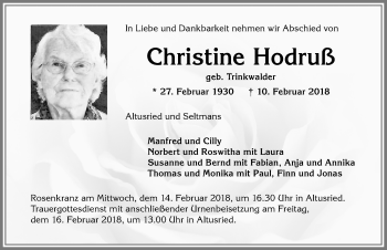 Traueranzeige von Christine Hodruß von Allgäuer Zeitung,Kempten
