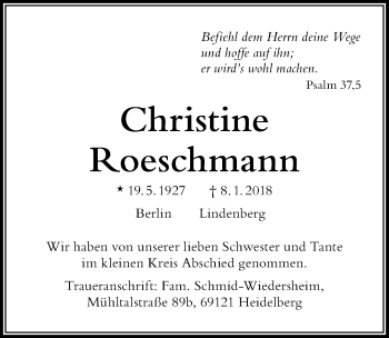 Traueranzeige von Christine Roeschmann von Der Westallgäuer