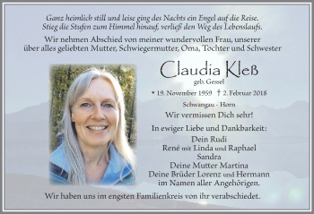 Traueranzeige von Claudia Kleß von Allgäuer Zeitung, Füssen