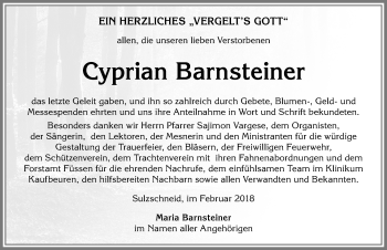 Traueranzeige von Cyprian Barnsteiner von Allgäuer Zeitung, Marktoberdorf