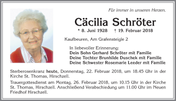 Traueranzeige von Cäcilia Schröter von Allgäuer Zeitung, Kaufbeuren/Buchloe
