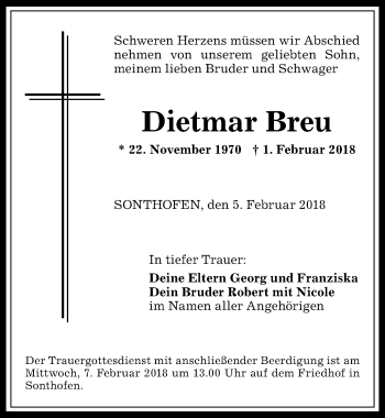 Traueranzeige von Dietmar Breu von Allgäuer Anzeigeblatt