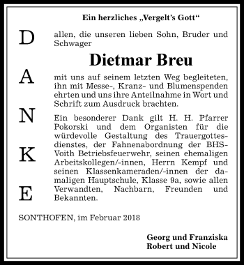 Traueranzeige von Dietmar Breu von Allgäuer Anzeigeblatt