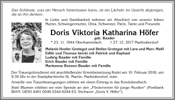 Traueranzeige von Doris Viktoria Katharina Höfer von Allgäuer Zeitung, Marktoberdorf