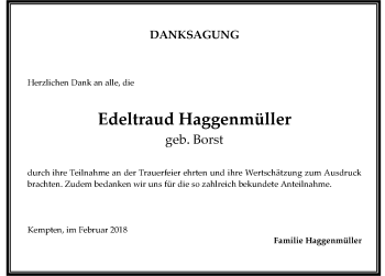 Traueranzeige von Edeltraud Haggenmüller von Allgäuer Zeitung,Kempten