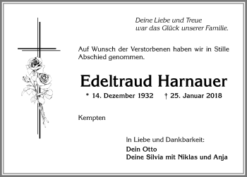 Traueranzeige von Edeltraud Harnauer von Allgäuer Zeitung,Kempten