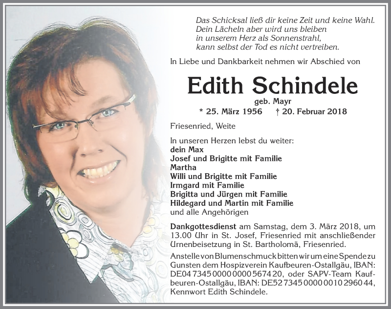  Traueranzeige für Edith Schindele vom 26.02.2018 aus Allgäuer Zeitung