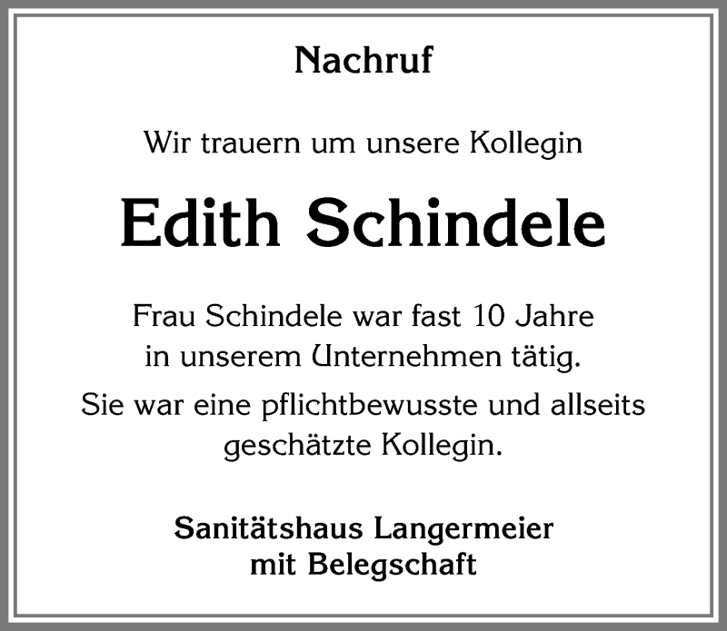  Traueranzeige für Edith Schindele vom 26.02.2018 aus Allgäuer Zeitung, Kaufbeuren/Buchloe