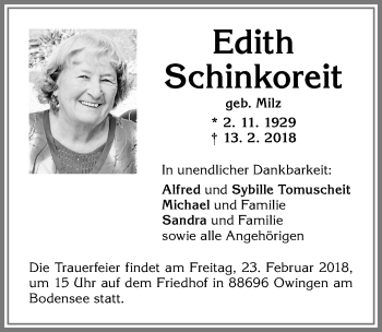 Traueranzeige von Edith Schinkoreit von Der Westallgäuer