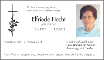 Traueranzeige von Elfriede Hecht von Der Westallgäuer