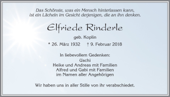 Traueranzeige von Elfriede Rinderle von Allgäuer Zeitung, Füssen