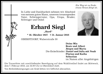 Traueranzeige von Erhard Siegl von Allgäuer Anzeigeblatt
