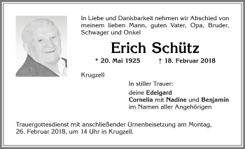 Traueranzeige von Erich Schütz von Allgäuer Zeitung,Kempten