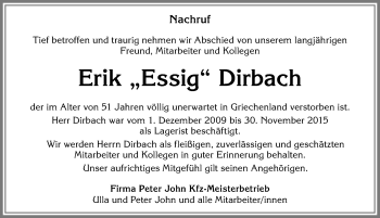 Traueranzeige von Erik Dirbach von Allgäuer Zeitung, Kaufbeuren/Buchloe