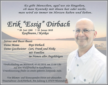 Traueranzeige von Erik Dirbach von Allgäuer Zeitung, Kaufbeuren/Buchloe