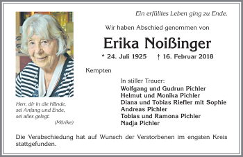 Traueranzeige von Erika Noißinger von Allgäuer Zeitung,Kempten