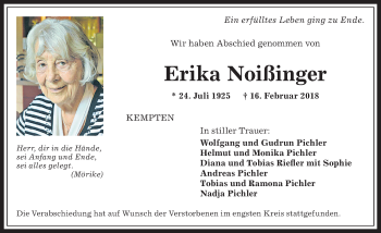 Traueranzeige von Erika Noißinger von Allgäuer Anzeigeblatt
