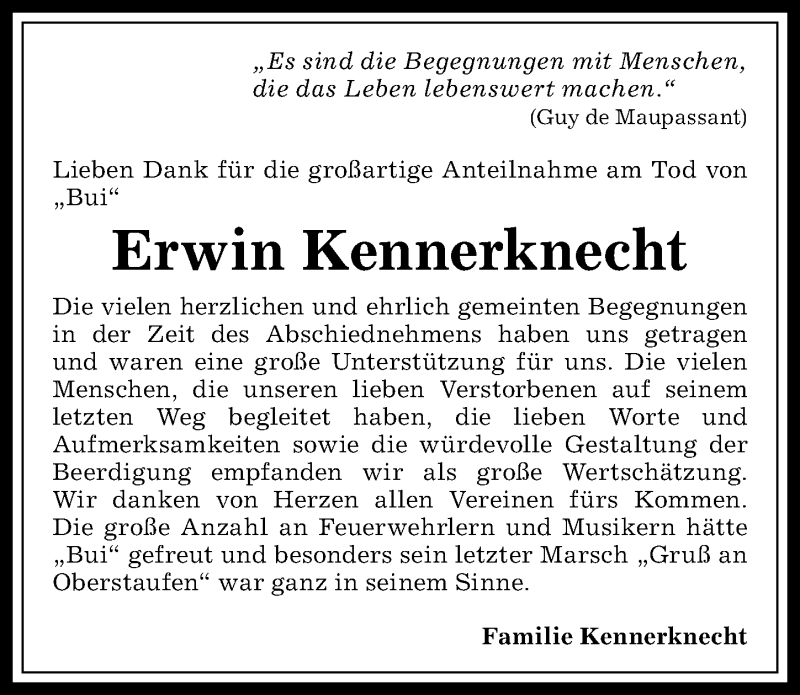  Traueranzeige für Erwin Kennerknecht vom 17.02.2018 aus Allgäuer Anzeigeblatt
