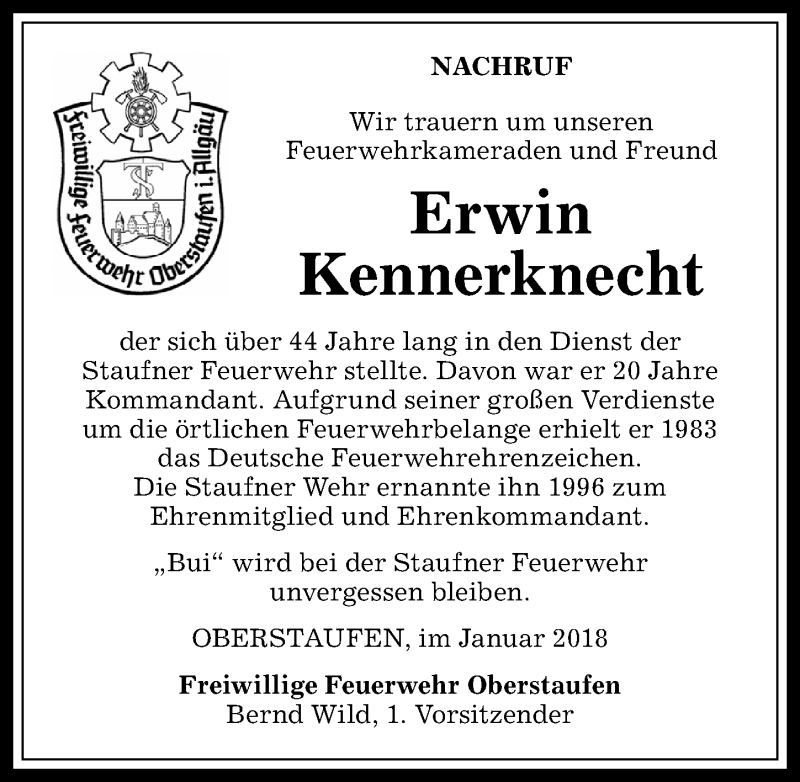  Traueranzeige für Erwin Kennerknecht vom 07.02.2018 aus Allgäuer Anzeigeblatt
