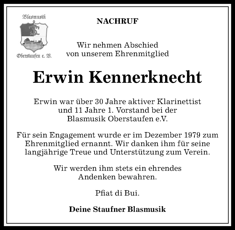  Traueranzeige für Erwin Kennerknecht vom 06.02.2018 aus Allgäuer Anzeigeblatt