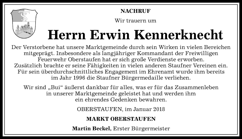  Traueranzeige für Erwin Kennerknecht vom 02.02.2018 aus Allgäuer Anzeigeblatt