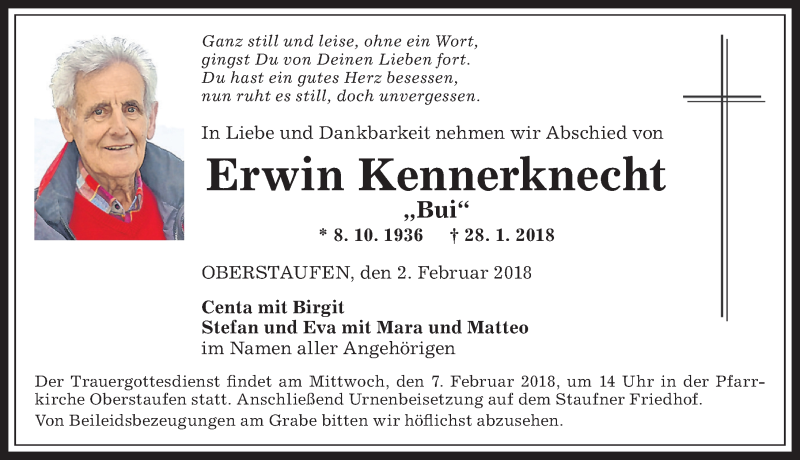  Traueranzeige für Erwin Kennerknecht vom 02.02.2018 aus Allgäuer Anzeigeblatt