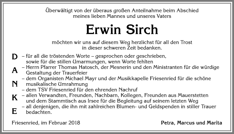  Traueranzeige für Erwin Sirch vom 03.02.2018 aus Allgäuer Zeitung, Kaufbeuren/Buchloe