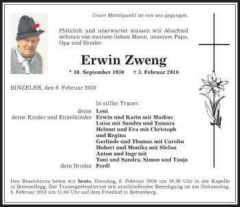 Traueranzeige von Erwin Zweng von Allgäuer Zeitung