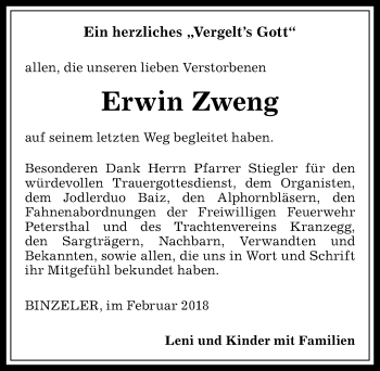 Traueranzeige von Erwin Zweng von Allgäuer Zeitung