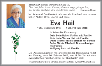Traueranzeige von Eva Hail von Allgäuer Zeitung,Kempten
