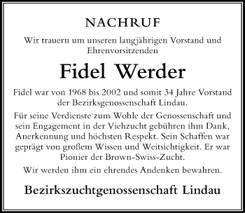 Traueranzeige von Fidel Werder von Der Westallgäuer